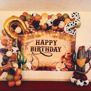 Mocsicka Brown Rustic Wood Western Cowboy Happy Birthday Party Backdrop