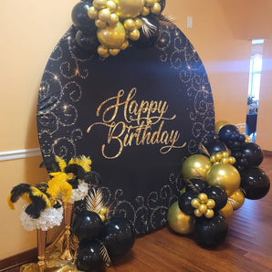 Mocsicka Golden Floral Pattern Glowing Happy Birthday Round Backdrop Cover for Party Decoration