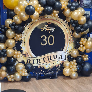 Mocsicka Black and Gold Happy 30th Birthday Party Round Backdrop Cover