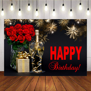 [Only Ship To U.S] Mocsicka Happy Birthday Backdrop with Champagne Roses and Gifts