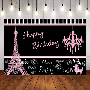 [Only Ship To U.S] Mocsicka Pink Eiffel Tower Happy Birthday Backdrops