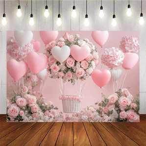 Mocsicka Pink Balloon and Flower Basket Valentine's Day Backdrop C