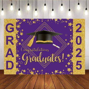 Mocsicka Congratulations graduates! GRAD 2025 gold and purple Background