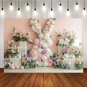 Mocsicka Easter Theme Bunny Flowers Easter Pink Backdrop B