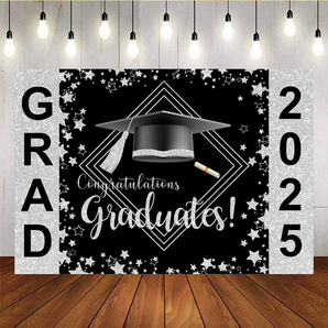 Mocsicka Congratulations graduates! GRAD 2025 silver and black Background