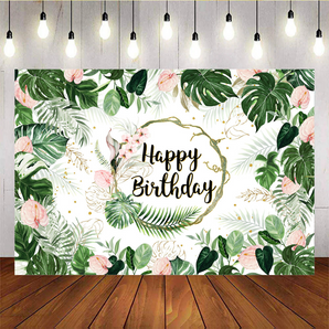 Mocsicka Happy Birthday Backdrop With Tropical Plants And Flowers