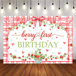 Mocsicka Red Strawberry And Bow Berry First Lattice Birthday Backdrop