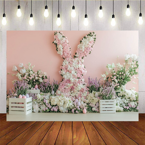 Mocsicka Easter Theme Bunny Flowers Easter Pink Backdrop F