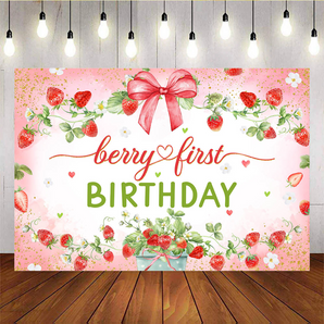 Mocsicka Red Strawberry And Bow Berry First Birthday Backdrop