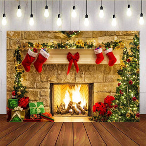 Mocsicka Merry Christmas Bow Fireplace Photo Background