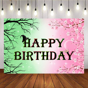 Mocsicka Green Witch and Pink Queen Happy Birthday Backdrop