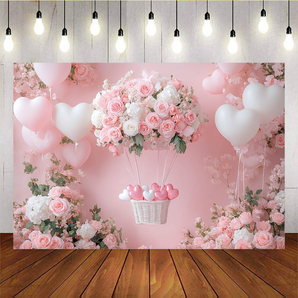 Mocsicka Pink Balloon and Flower Basket Valentine's Day Backdrop D