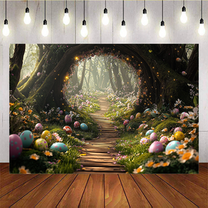 Mocsicka Easter Photo Backdrop With Flowers And Eggs In The Forest