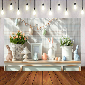 Mocsicka Easter Bunnies Eggs and Flowers On A Shelf Backdrop