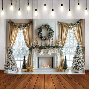 Mocsicka Christmas Wreath Golden Curtains White Socks Background