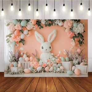 Mocsicka Easter Theme Bunny Flowers Easter Orange Backdrop B