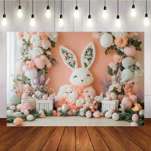 Mocsicka Easter Theme Bunny Flowers Easter Orange Backdrop C