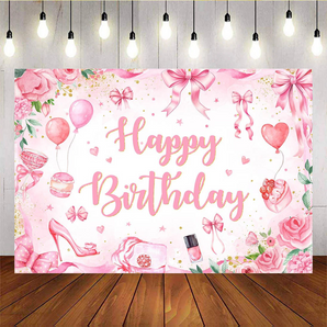 Mocsicka Red Bow Balloon Happy Birthday Photo Backdrop