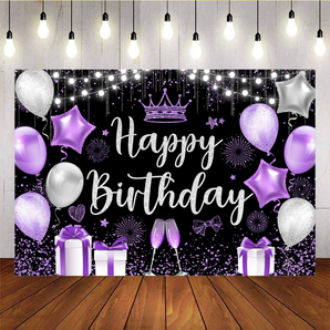 Mocsicka Purple Star Balloons And Crown Happy Birthday Photo Backdrop