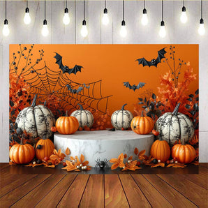 Mocsicka Orange Pumpkin Bat Theme Halloween Backdrop