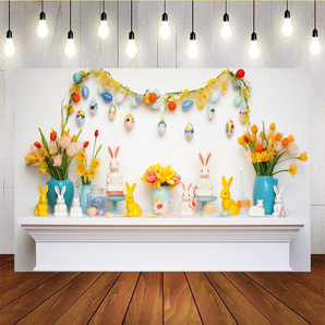 Mocsicka Easter Cute White and Yellow Bunny And Flowers Backdrop