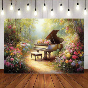 Mocsicka Beautiful Oil Painting Piano and Colorful Flowers Backdrop B