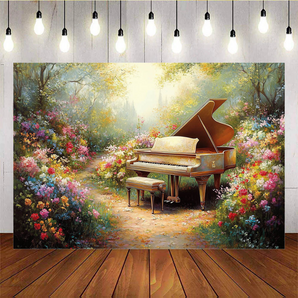 Mocsicka Beautiful Oil Painting Piano and Colorful Flowers Backdrop C