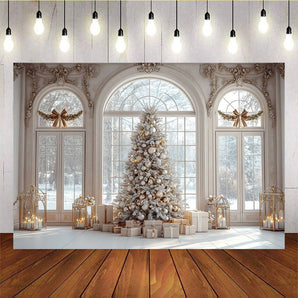 Mocsicka Middle Golden Christmas Tree White Window Background