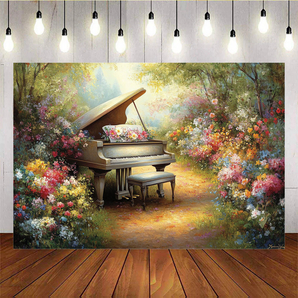 Mocsicka Beautiful Oil Painting Piano and Colorful Flowers Backdrop D