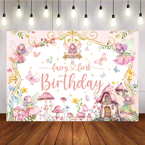 Mocsicka Fairy First Birthday Pink Mushroom Backdrop