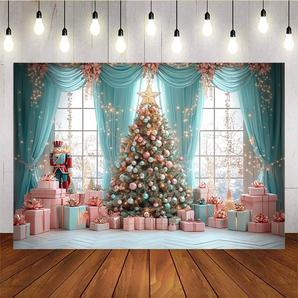 Mocsicka Blue Curtains And Pink Gift Boxes Christmas Tree Background