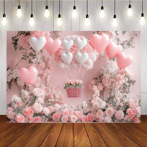 Mocsicka Pink Balloon and Flower Basket Valentine's Day Backdrop G