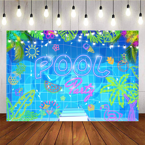 Mocsicka Tropical Blue Pool Party With Flamingo and Watermelon Summer Backdrop