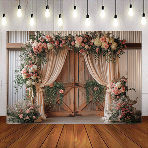 Mocsicka Romantic Flower And Wooden Door Wedding Photo Backdrop