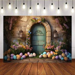 Mocsicka Easter Theme Blue Door And Colorful Eggs Backdrop