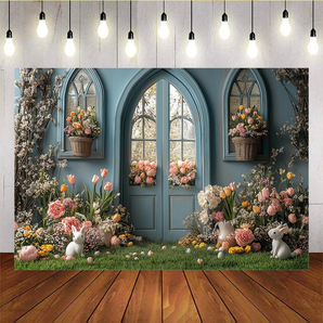 Mocsicka Easter Cute Bunny And Flowers Backdrop