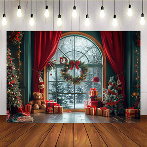 Mocsicka Brown Bear Red Curtain Christmas Background