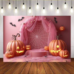 Mocsicka Pumpkin Spider Web Pink Theme Halloween Backdrop