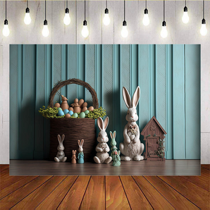 Mocsicka Easter Basket Eggs and Bunny Blue Backdrop