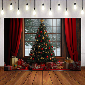 Mocsicka Red Curtain Christmas Tree Backdrop