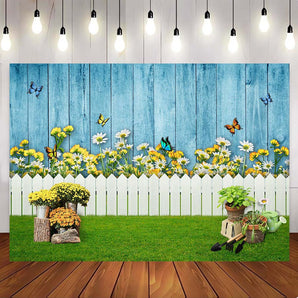 Mocsicka Spring Flowers Butterflies Wooden Fence Photography Background