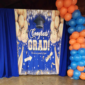 Mocsicka Congrats Grad Gold Balloons and Champagne Blue Background