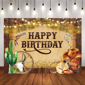 Mocsicka Brown Rustic Wood Western Cowboy Happy Birthday Party Backdrop