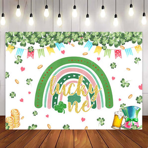 Mocsicka Lucky Four-Leaf Clover Rainbow Lucky One Happy Birthday Party Backdrop