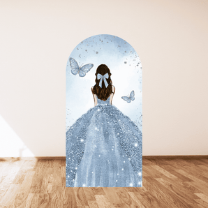 Mocsicka Princess Glitter Haze Blue Skirt Butterfly Birthday Party Double-printed Arch Cover Backdrop