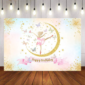 Mocsicka Gold Moon Ballet Girl Happy Birthday Party Backdrop-Mocsicka Party