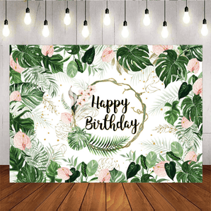 Mocsicka Green Leaves Happy Birthday Backdrop