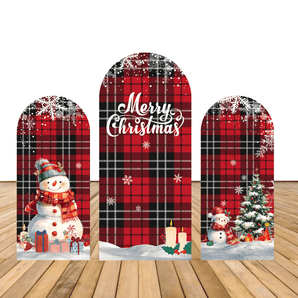 Mocsicka Red Buffalo Plaid Christmas Tree Snowman Merry Christmas Double-printed Arch Cover Backdrop