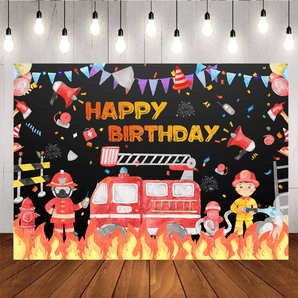 Mocsicka Fire Truck Happy Birthday Party Backdrop for Boys