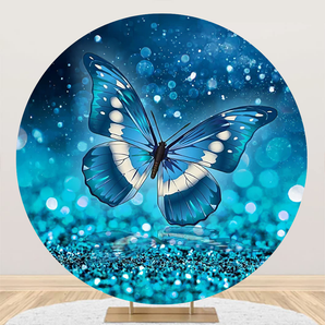 Mocsicka Glitter Blue Butterfly Birthday Party Round Cover Backdrop